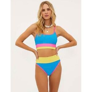 Beach Riot Bikini Set Eva Top M Emmy Bottom L Colorblock Ribbed Blue Pink Yellow